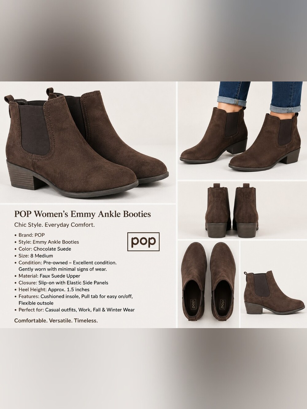POP Emmy Women's Chocolate Suede Chelsea Ankle Boots Size 8M